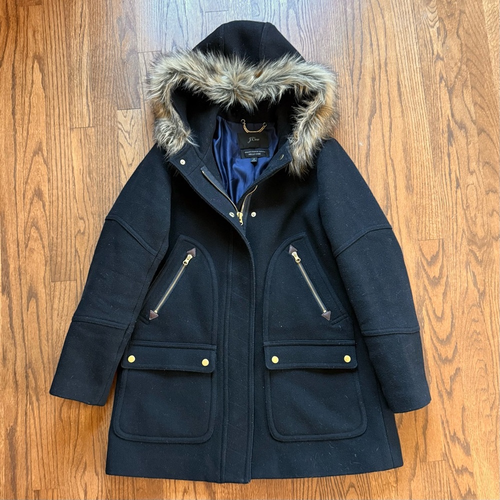 J. Crew Black Wool Jacket with Faux Fur Hood